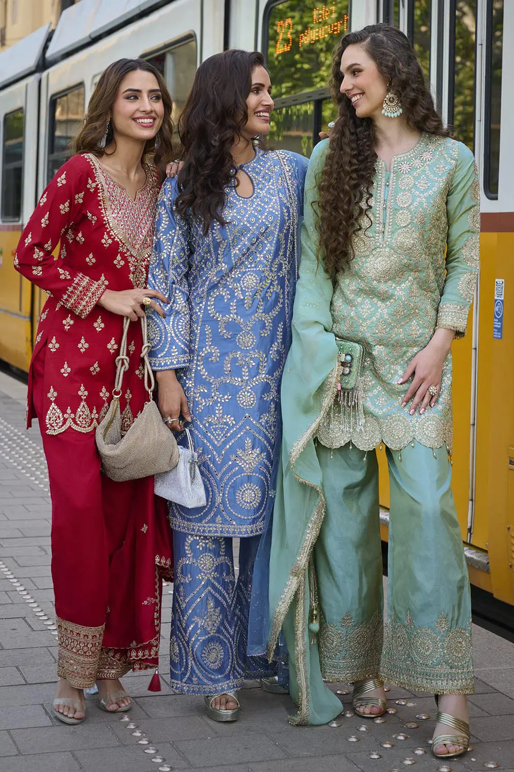 Red, sea green and blue premium silk embroidered mirror work kurta palazzo set colour options