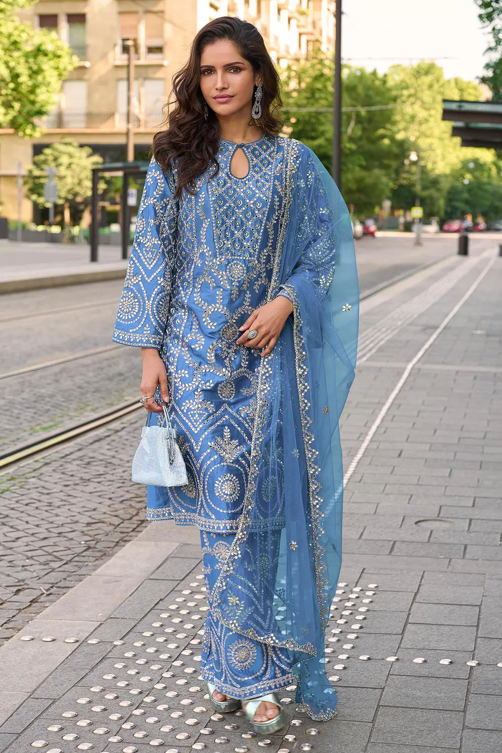 Blue silk kurta palazzo set for wedding with hand mirror work and heavy embroidery by Khaish