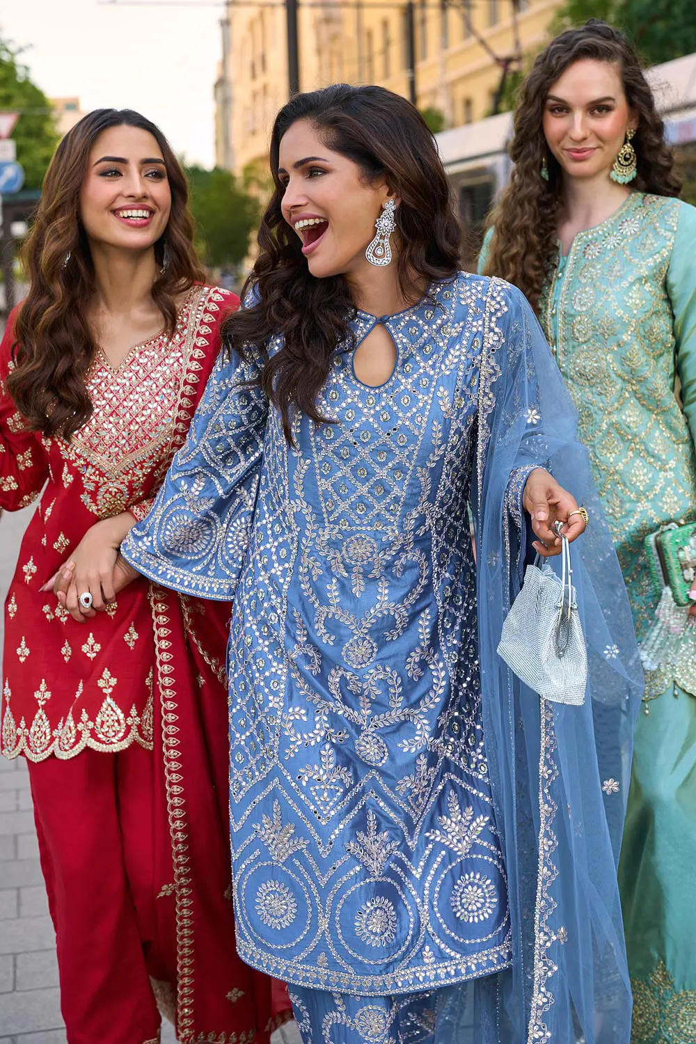 Red, sea green and blue premium silk embroidered mirror work kurta palazzo set colour options