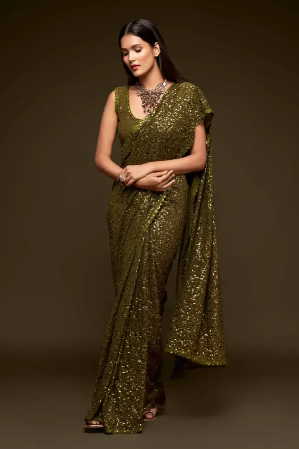 Olive green georgette saree for mehndi with thread and sequins embroidery by Khaish