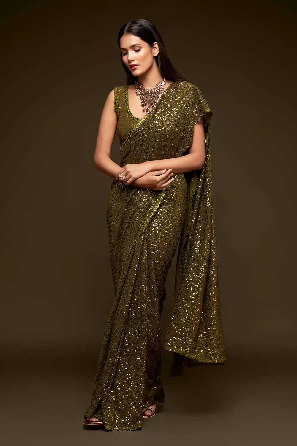 Olive Green Georgette Saree with Thread and Multiple Sequins Embroidery Olive Green Georgette Saree with Thread and Multiple Sequins Embroidery
