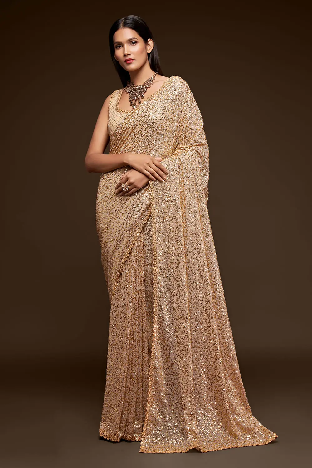 Ivory Georgette Saree with Thread and Multiple Sequins Embroidery Ivory Georgette Saree with Thread and Multiple Sequins Embroidery