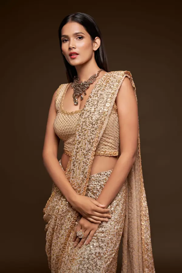 Close up of thread embroidery and multiple sequins on ivory saree