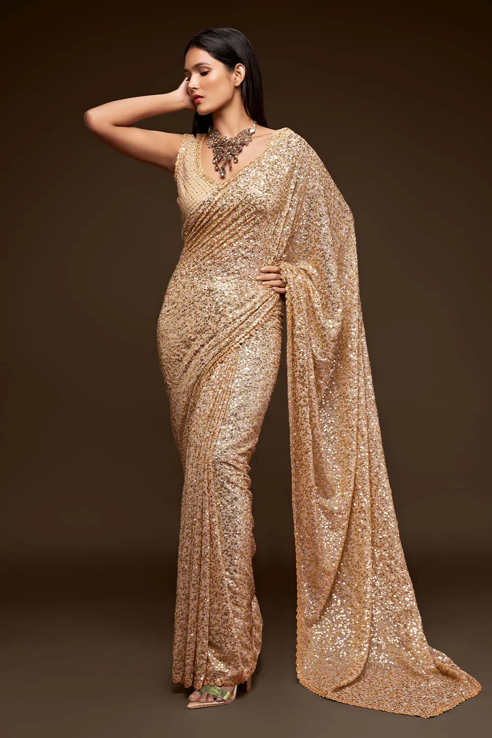 Ivory sequin georgette saree with pallu draped full view