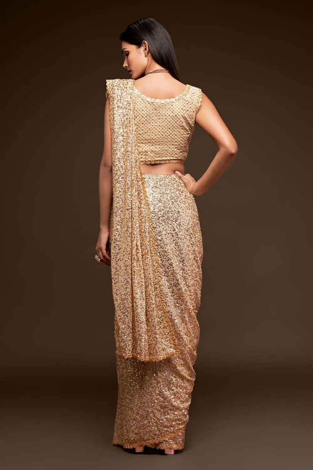 Back view of ivory georgette saree with sequin work