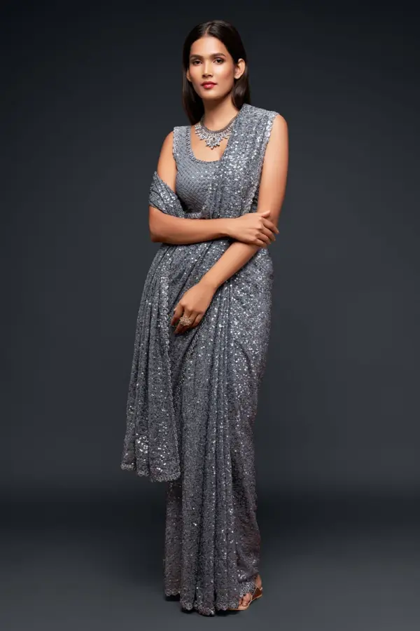 Slate grey georgette saree for sangeet with thread and sequins embroidery by Khaish