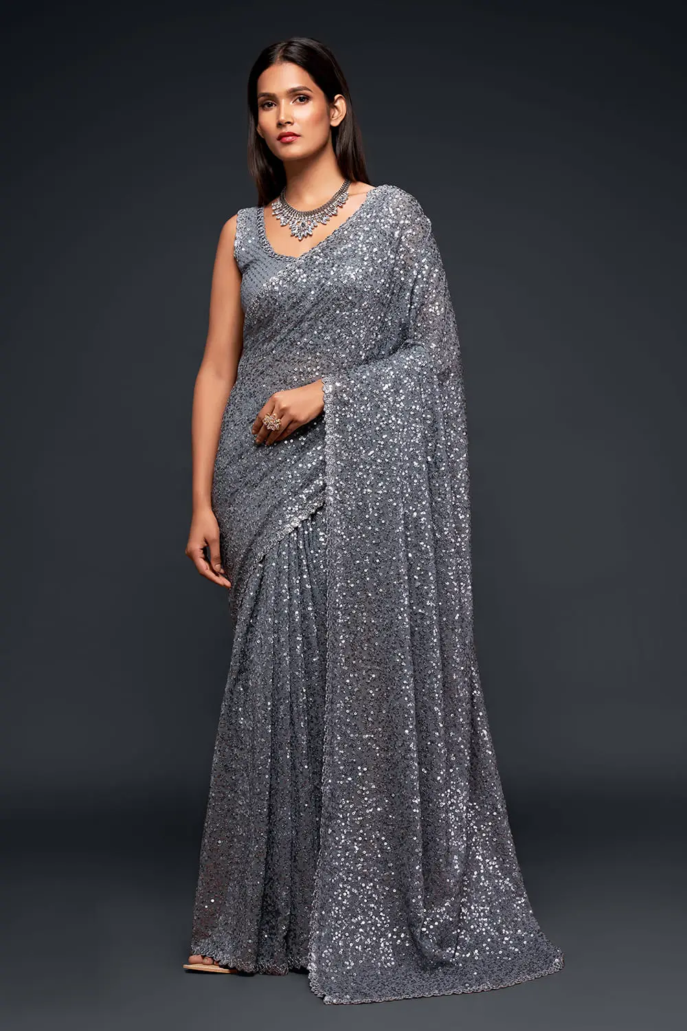 Slate grey sequin georgette saree with pallu draped full view