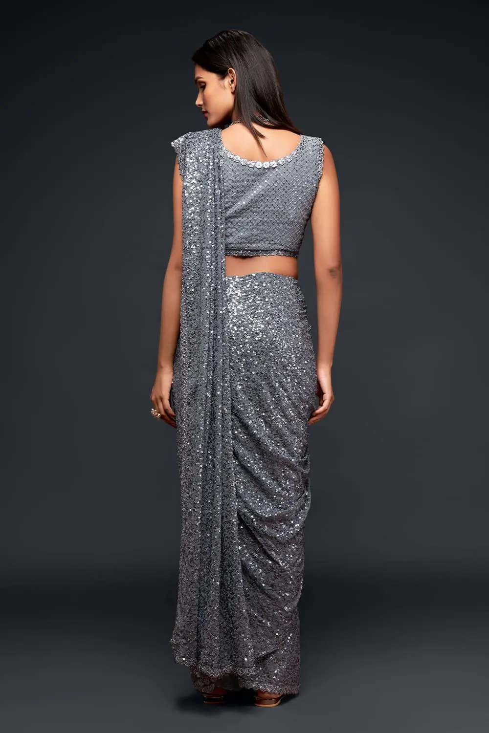 Back view of slate grey georgette saree with sequin work