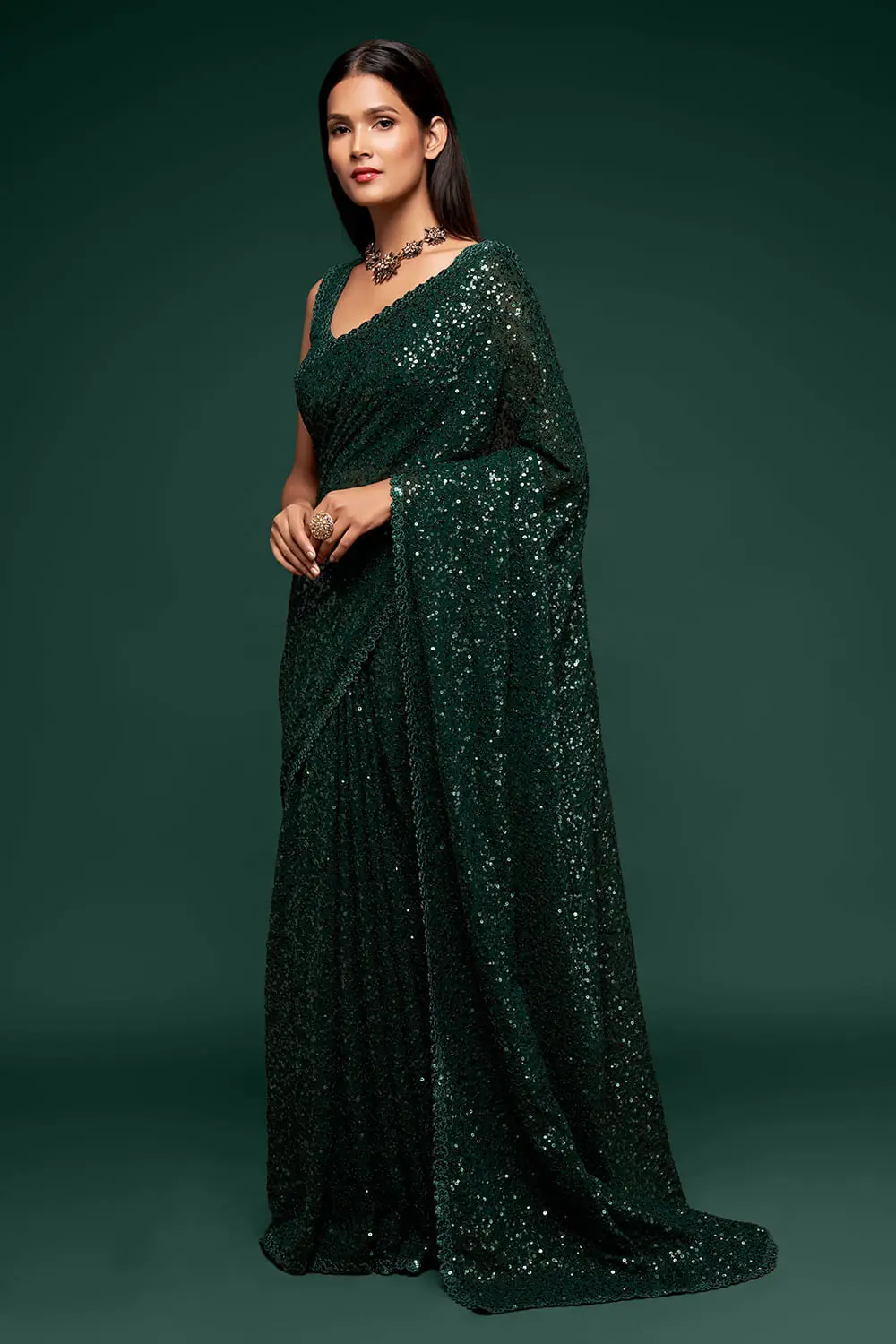 Deep Green Georgette Saree with Thread and Multiple Sequins Embroidery Deep Green Georgette Saree with Thread and Multiple Sequins Embroidery