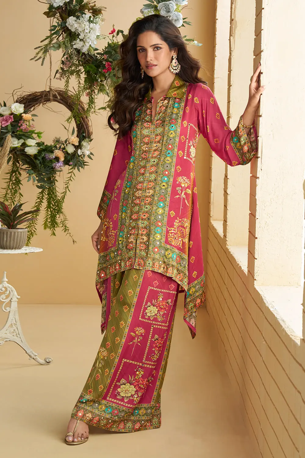 Light Green and Pink Mirror Work Crepe Silk Palazzo Set — Two-Piece Asymmetric Kurta Co-Ord Light Green and Pink Mirror Work Crepe Silk Palazzo Set — Two-Piece Asymmetric Kurta Co-Ord