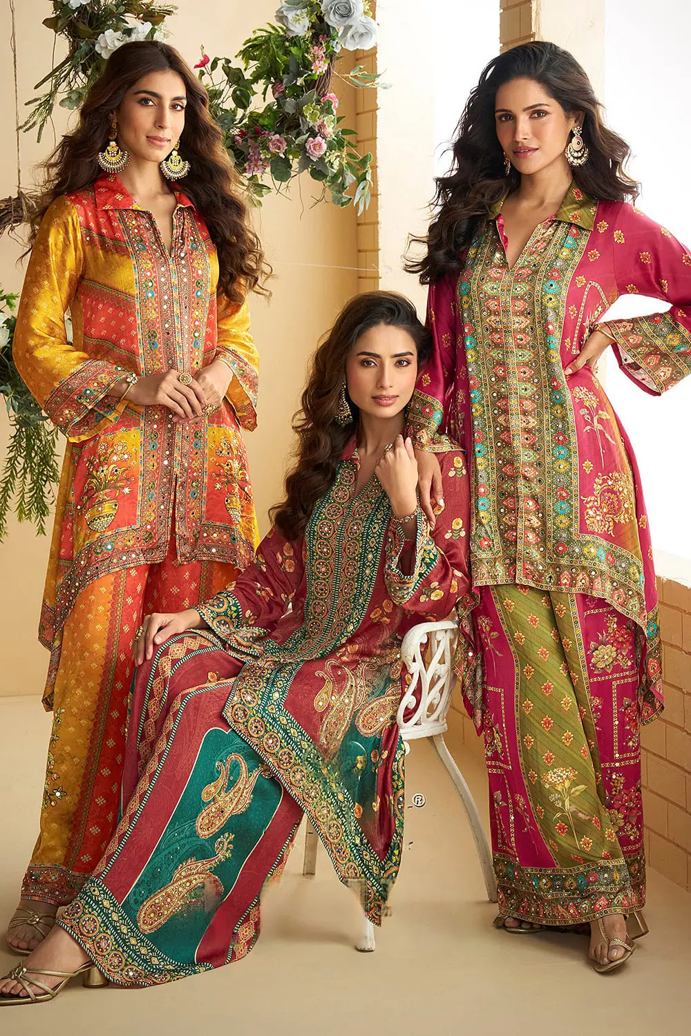 Light green pink, orange yellow, and third colour crepe silk palazzo co-ord set colour options