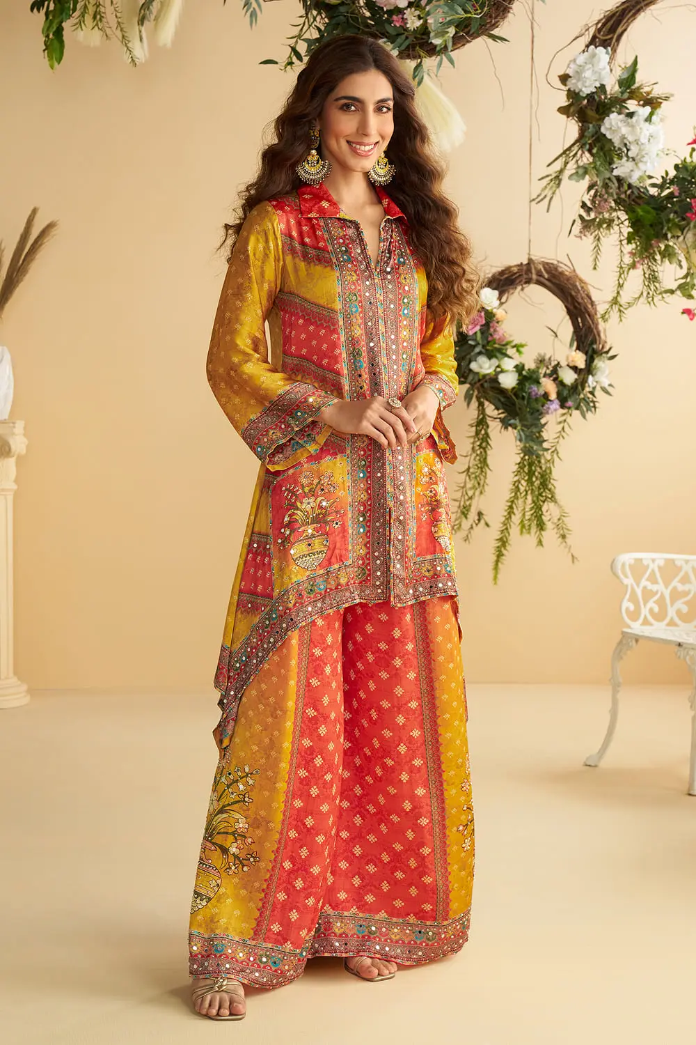 Second front view of orange and yellow digital crepe silk palazzo co-ord, palazzo in full flow