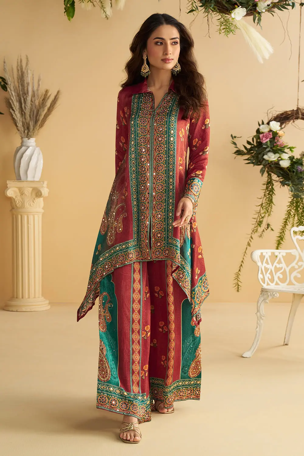 Rust and teal blue crepe silk palazzo set with hand mirror work by Khaish