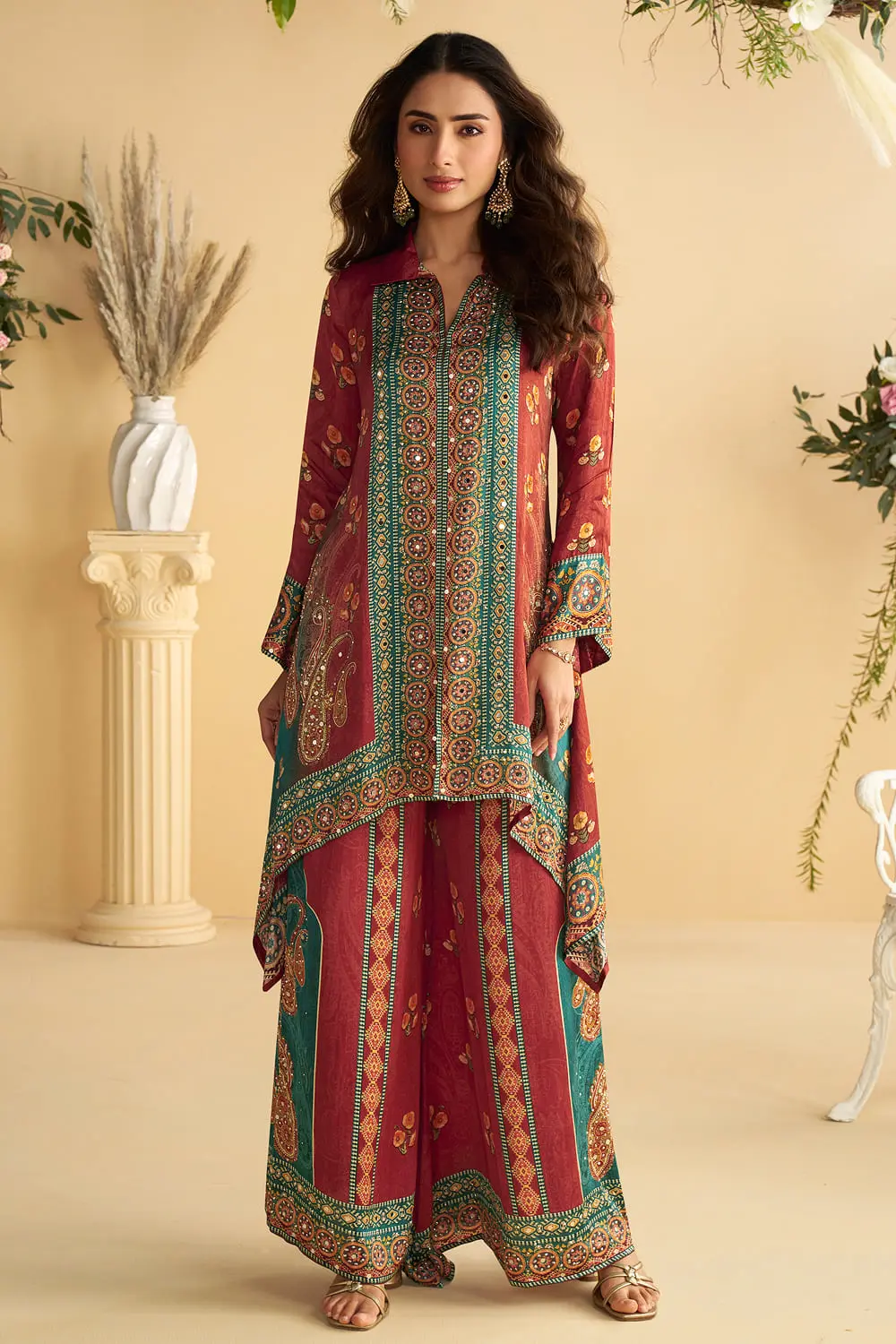 Second front view of rust and teal blue digital crepe silk palazzo co-ord, full length