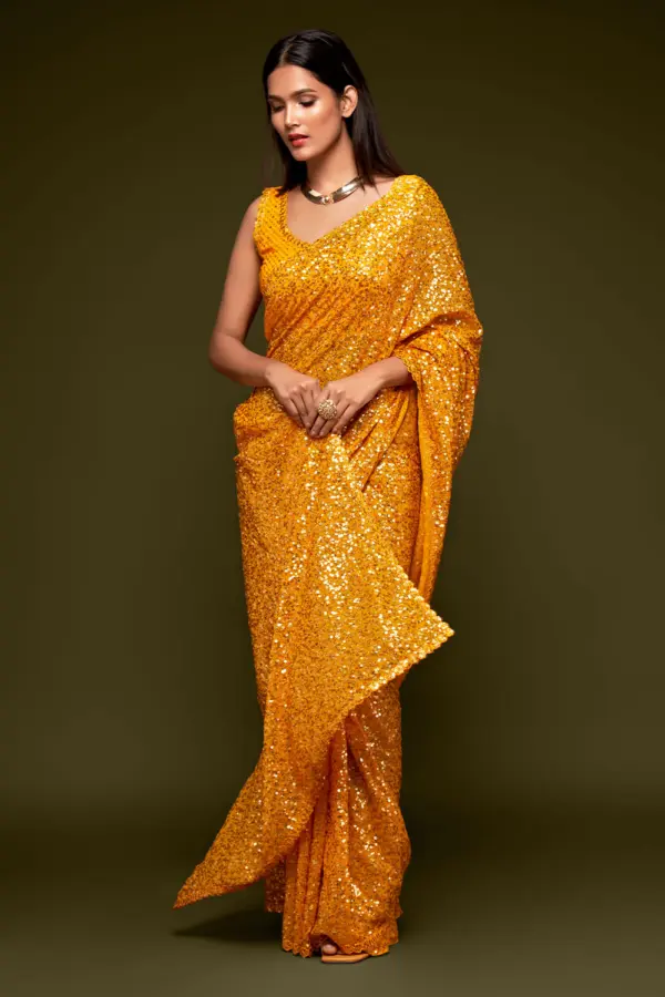 Honey yellow georgette saree for haldi with thread and sequins embroidery by Khaish
