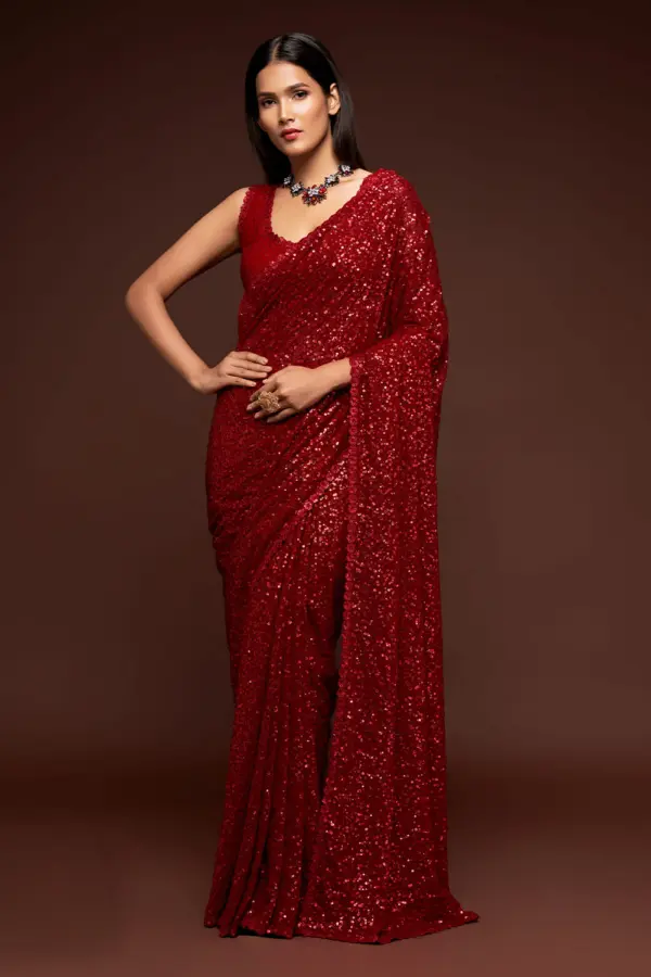 Ruby red georgette saree for festive wear with thread and sequins embroidery by Khaish