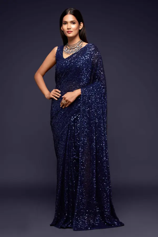 Blush blue georgette saree for daytime function with thread and sequins embroidery by Khaish