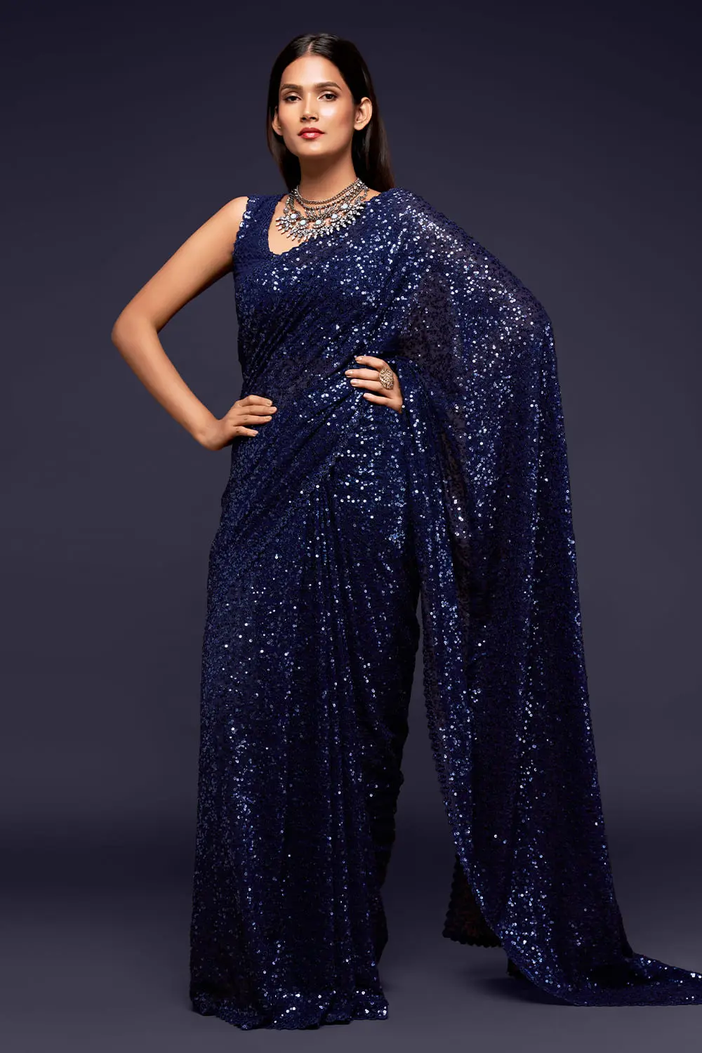 Blush blue sequin georgette saree with pallu draped full view