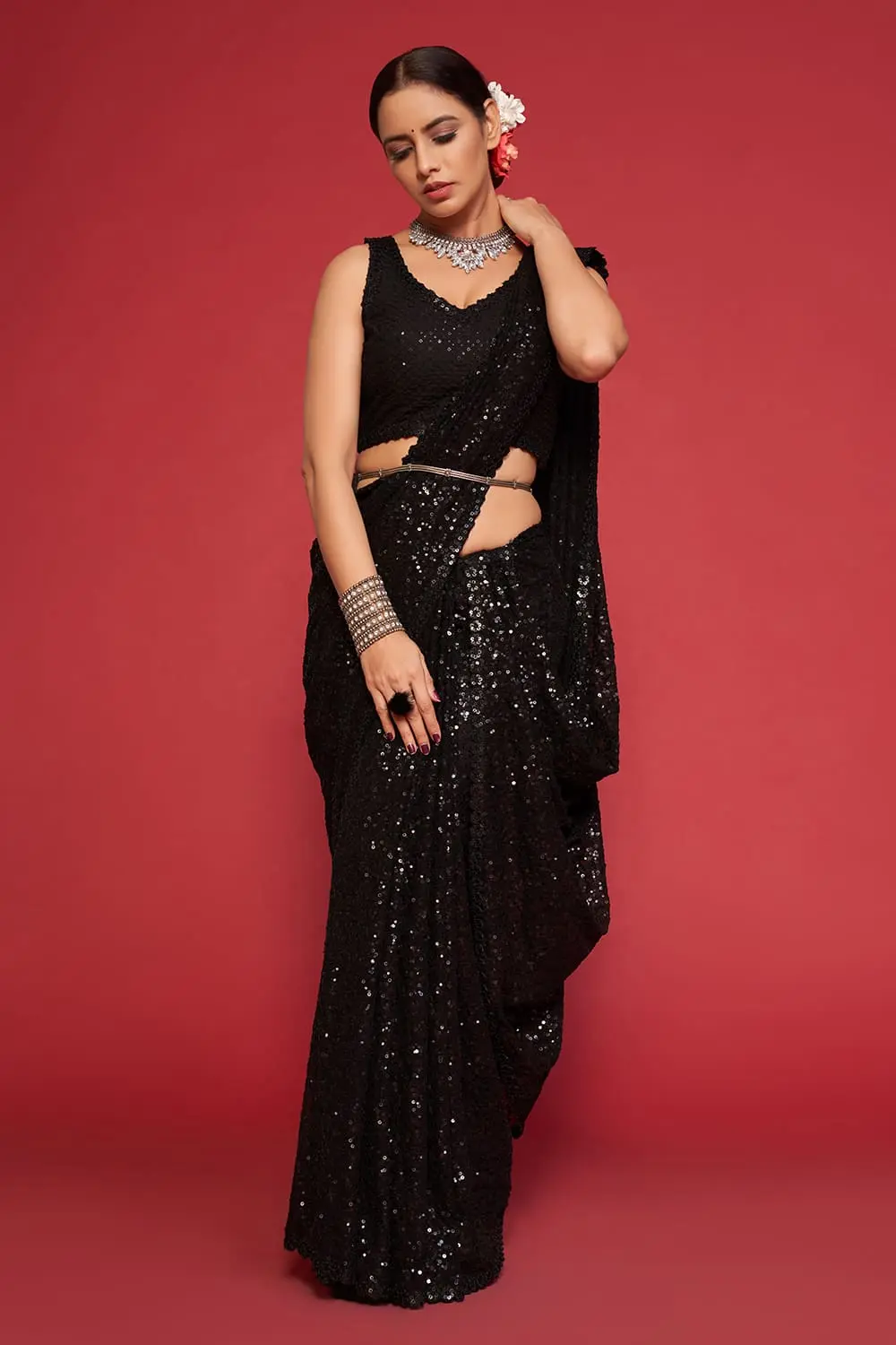 Black Georgette Saree with Dense Thread and Multiple Sequins Embroidery Black Georgette Saree with Dense Thread and Multiple Sequins Embroidery