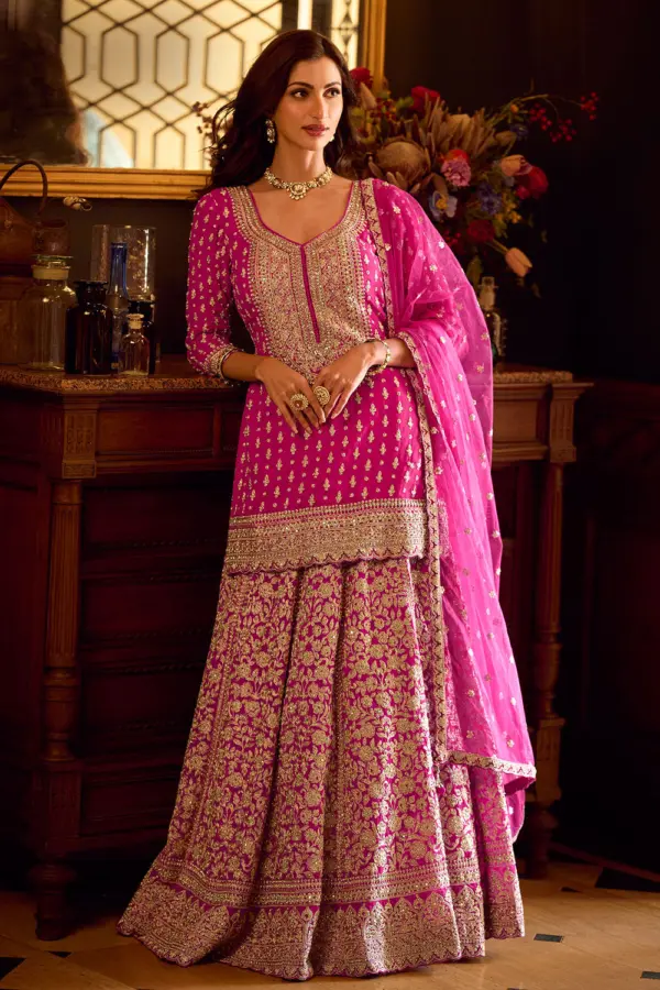 Hot pink mirror work kurti lehenga with front and back embroidery by Khaish