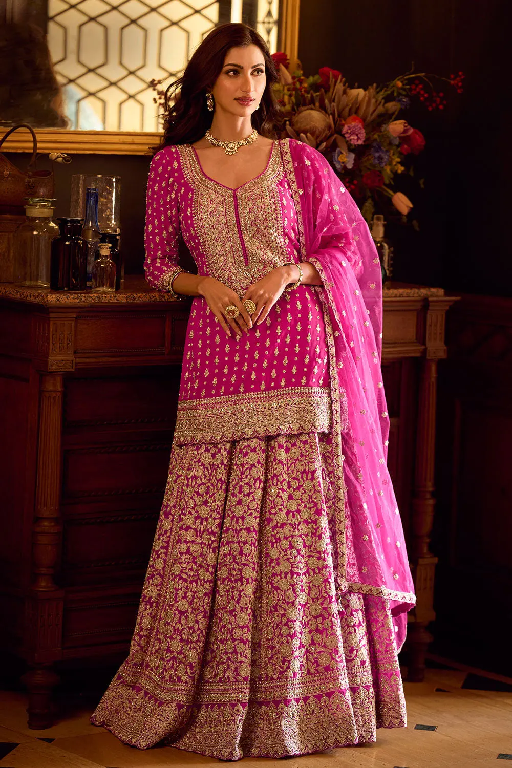 Hot Pink Long Kurti Lehenga Set with Front and Back Mirror Embroidery, Can-Can Skirt and Georgette Dupatta Hot Pink Long Kurti Lehenga Set with Front and Back Mirror Embroidery, Can-Can Skirt and Georgette Dupatta