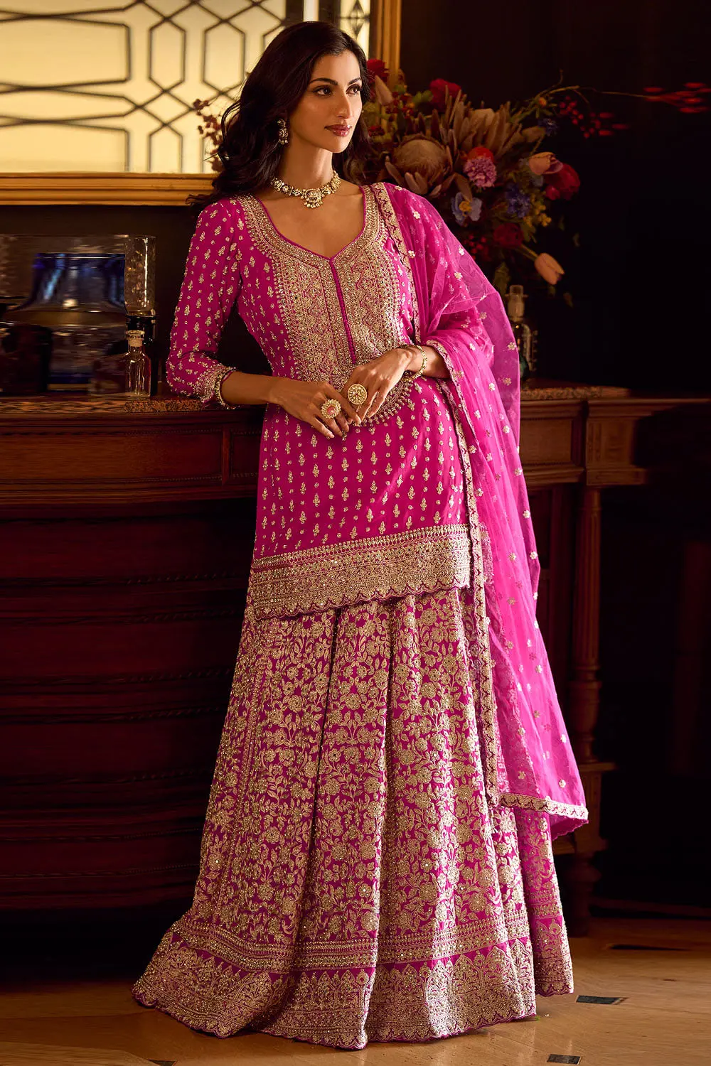 Second front view of hot pink georgette long kurti lehenga set with can-can skirt