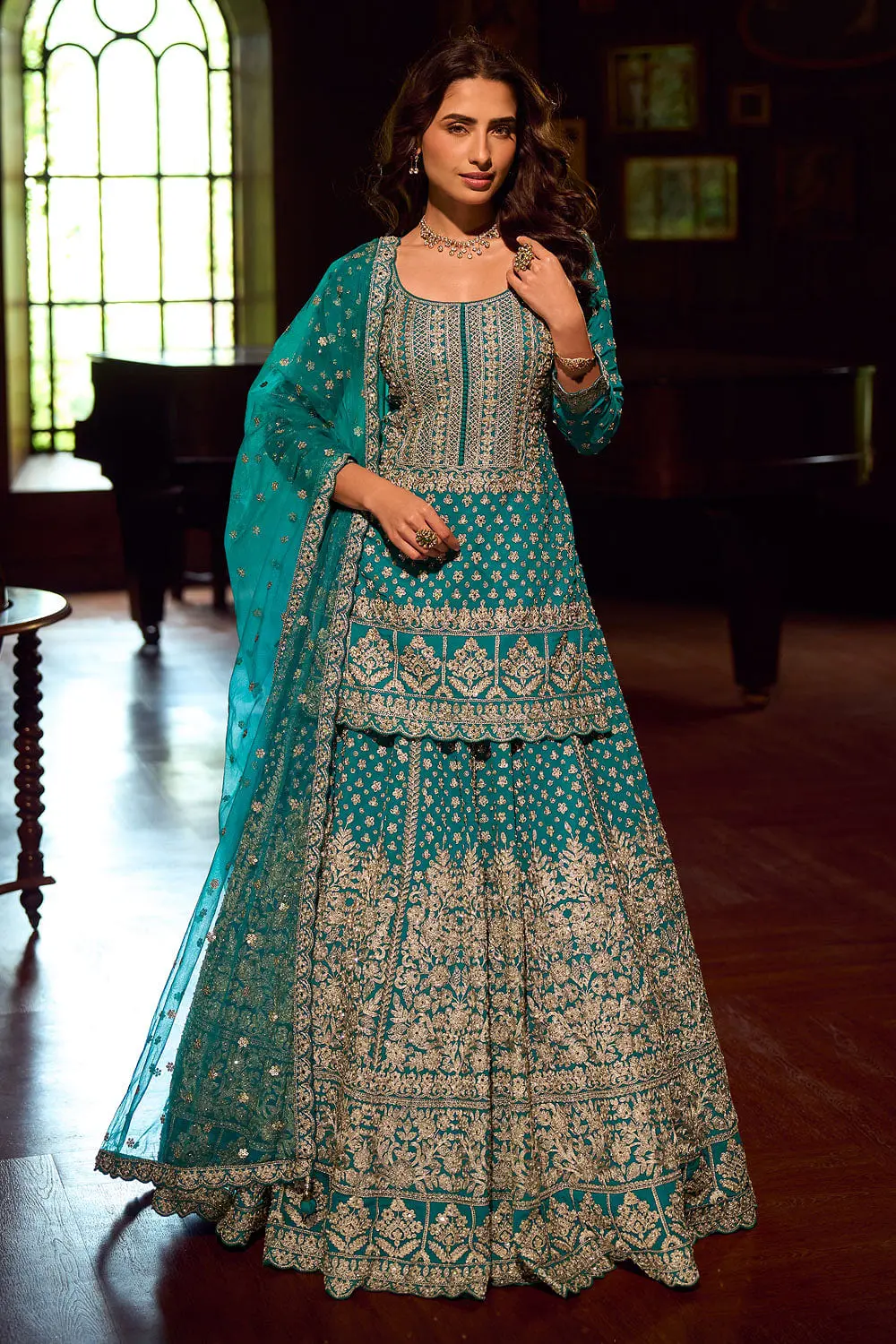 Teal Blue Georgette Kurti Lehenga — Hand Mirror Embroidery, Can-Can Embroidered Skirt and Dupatta Teal Blue Georgette Kurti Lehenga — Hand Mirror Embroidery, Can-Can Embroidered Skirt and Dupatta