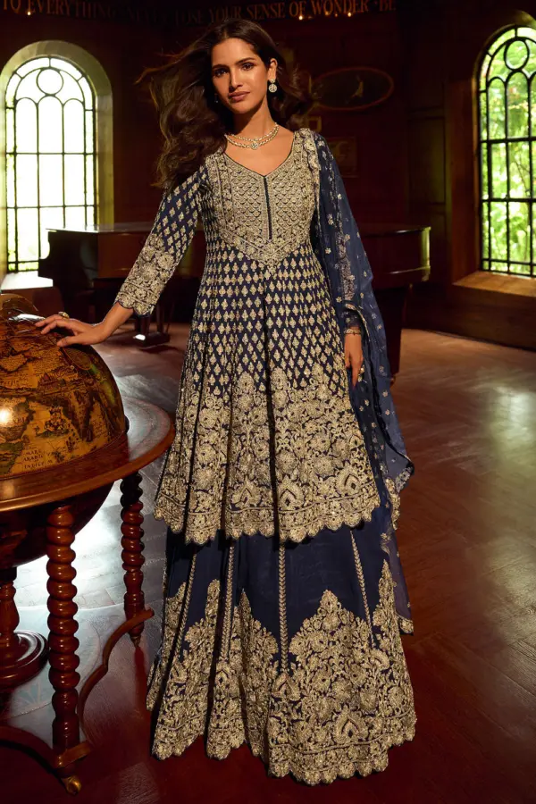 Deep purple mirror work kurti lehenga with hand embroidery front and back by Khaish