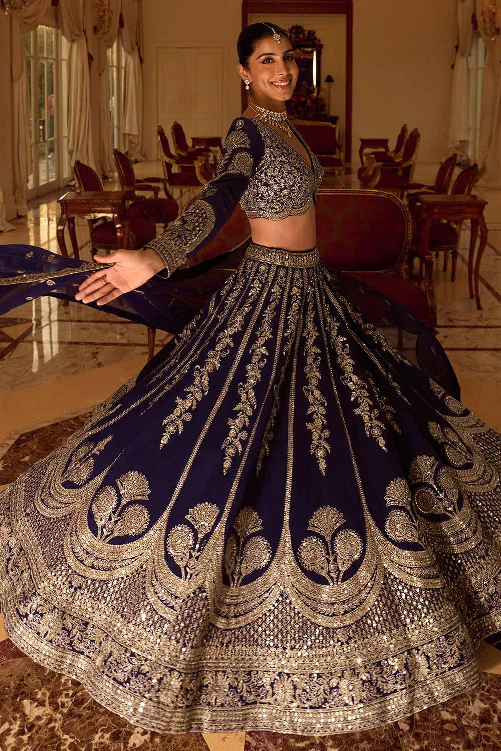 Full front view of navy blue premium silk lehenga with embroidered blouse and dupatta