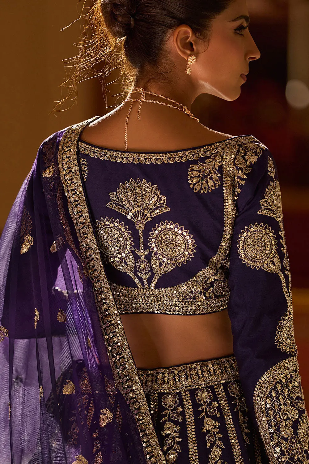 Full front view of navy blue premium silk lehenga with embroidered blouse and dupatta