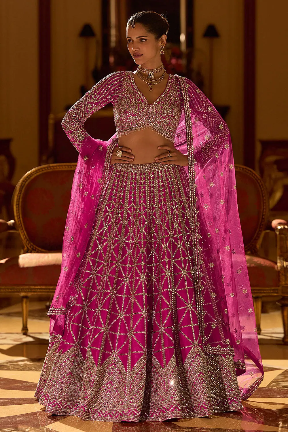 Hand Mirror Embroidery on Premium Real Silk — Hot Pink Designer Lehenga with Embroidered Blouse and Dupatta Hand Mirror Embroidery on Premium Real Silk — Hot Pink Designer Lehenga with Embroidered Blouse and Dupatta
