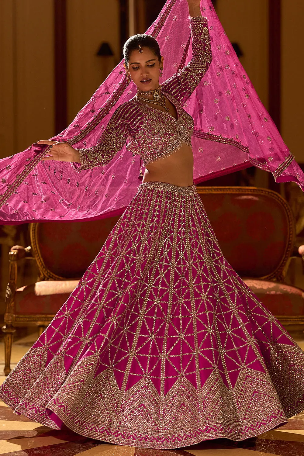 Second front view of hot pink real silk designer lehenga showing full embroidery coverage
