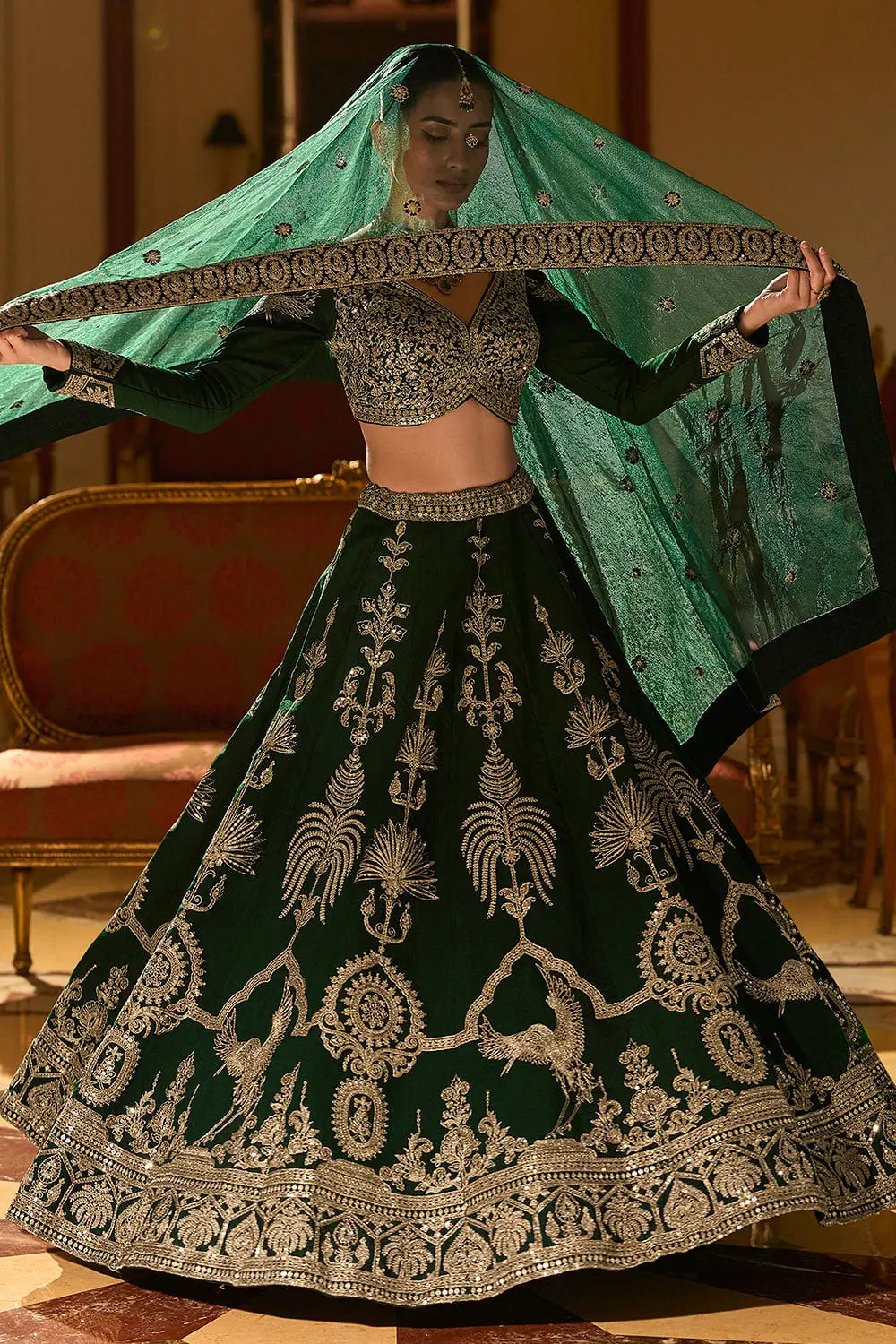 Second front view of deep green real silk lehenga, full embroidery coverage visible