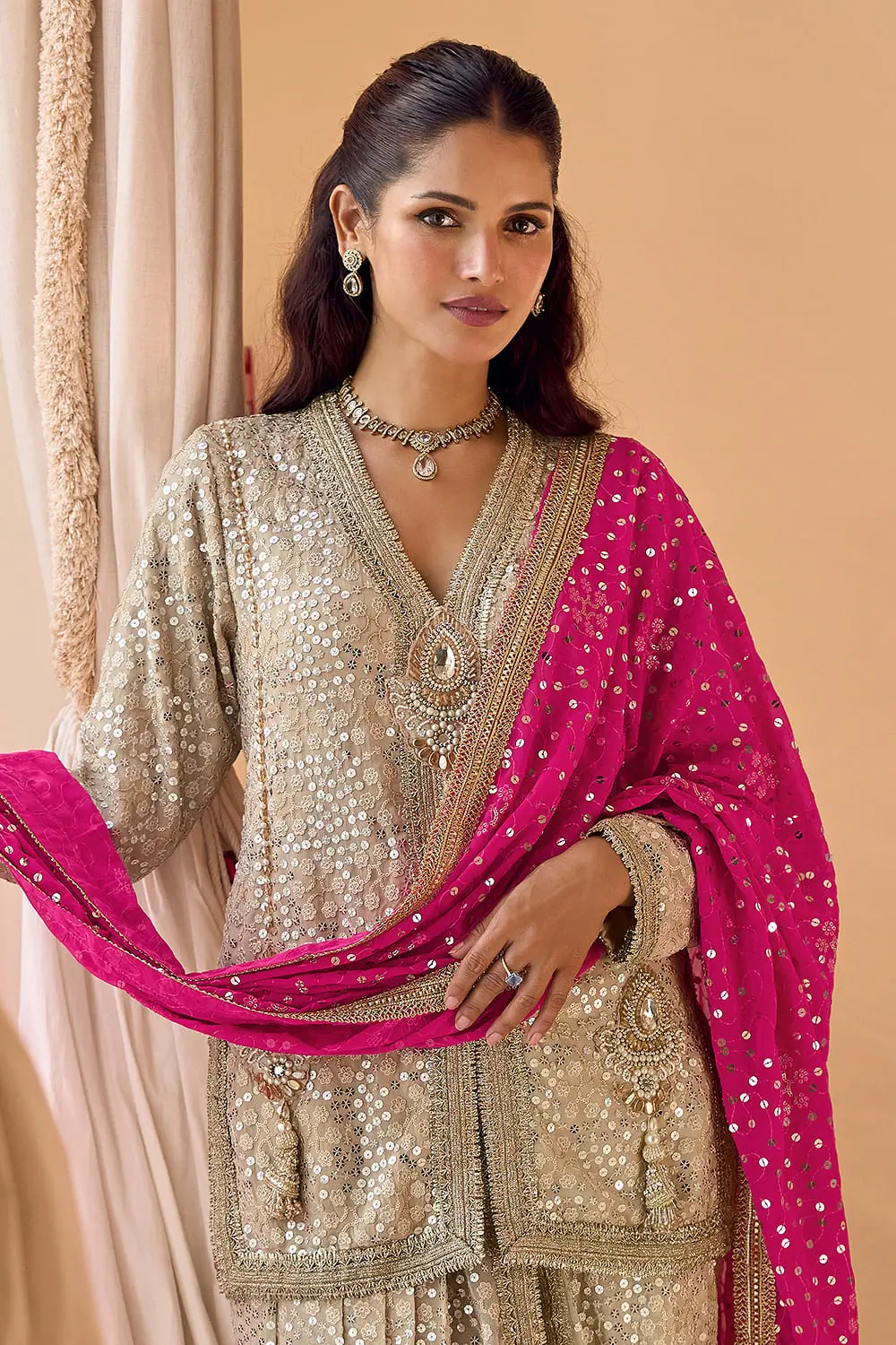 Back view of premium georgette dhoti suit with dupatta showcasing the fit and premium fabric drape.