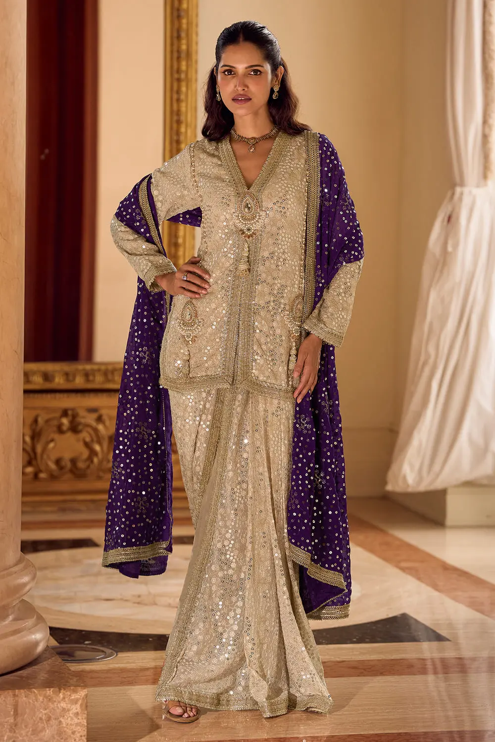 Exquisite Beige Hand-Work Dhoti Suit With Regal Purple Dupatta Exquisite Beige Hand-Work Dhoti Suit With Regal Purple Dupatta