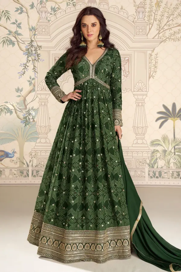 Green bandhani anarkali gown in real chinon silk with embroidery by Khaish