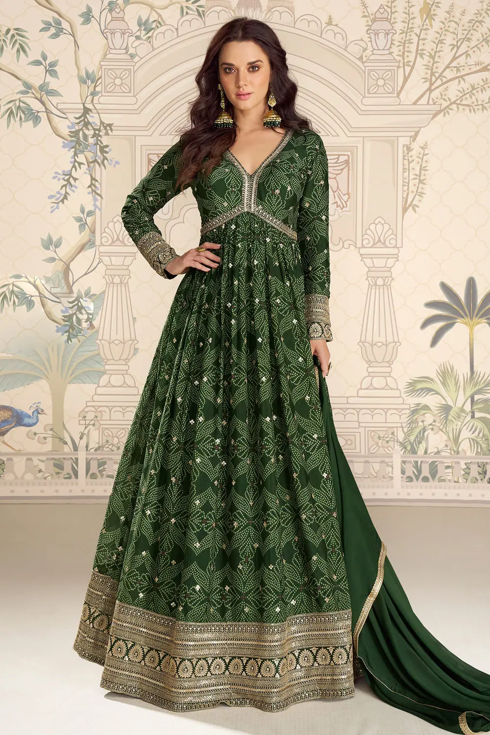 Green bandhani anarkali gown in real chinon silk with embroidery by Khaish