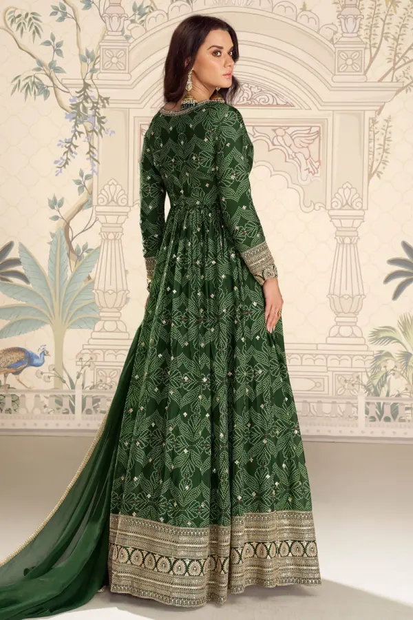 Back view of green bandhani anarkali gown with front-and-back embroidery