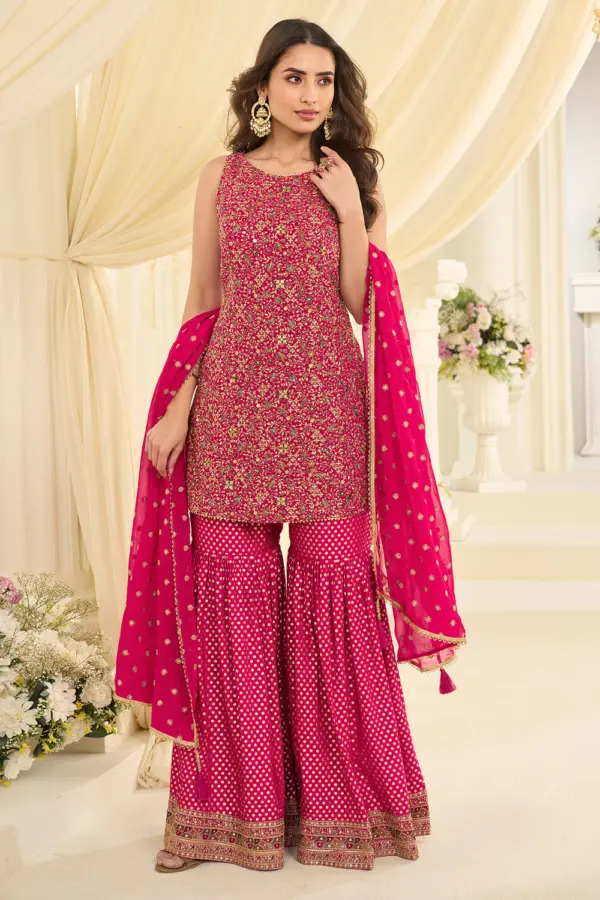 Hot pink gharara set with stone work in premium georgette by Khaish