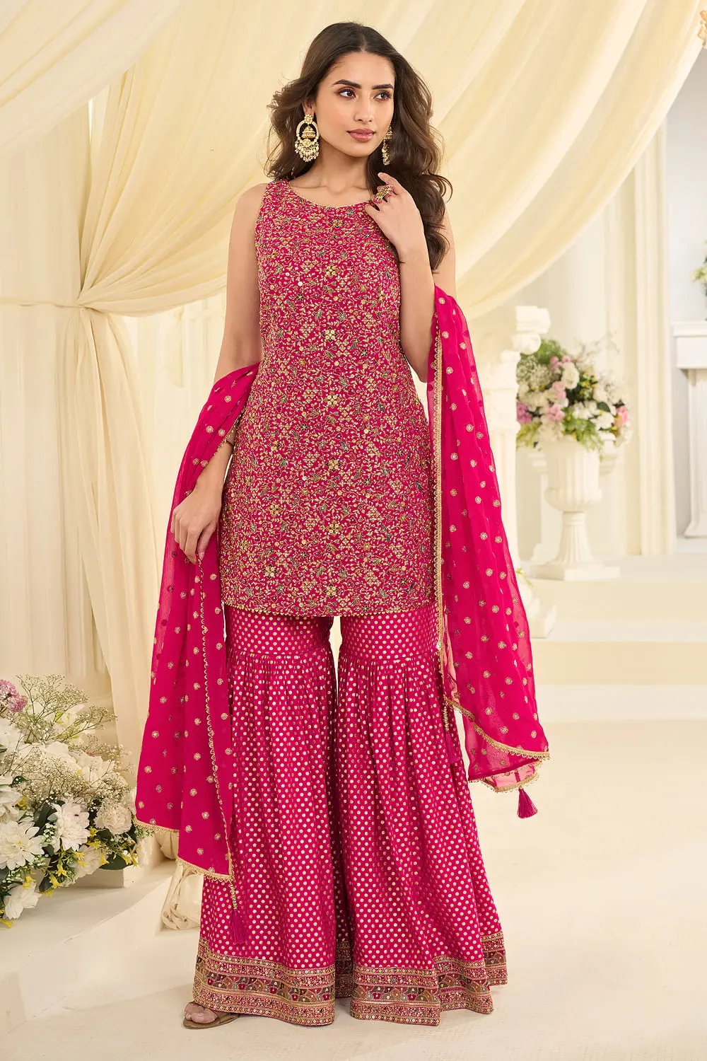 Hot Pink Premium Georgette Gharara Set with Heavy Stone Work and Embroidered Dupatta Hot Pink Premium Georgette Gharara Set with Heavy Stone Work and Embroidered Dupatta