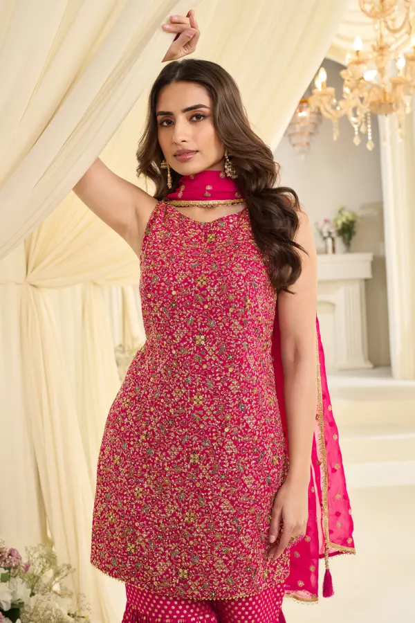 Close up of zarkan stone work on hot pink georgette kurta