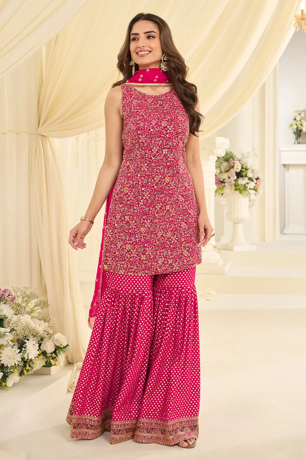 Hot pink georgette gharara set with viscose jacquard gharara full view