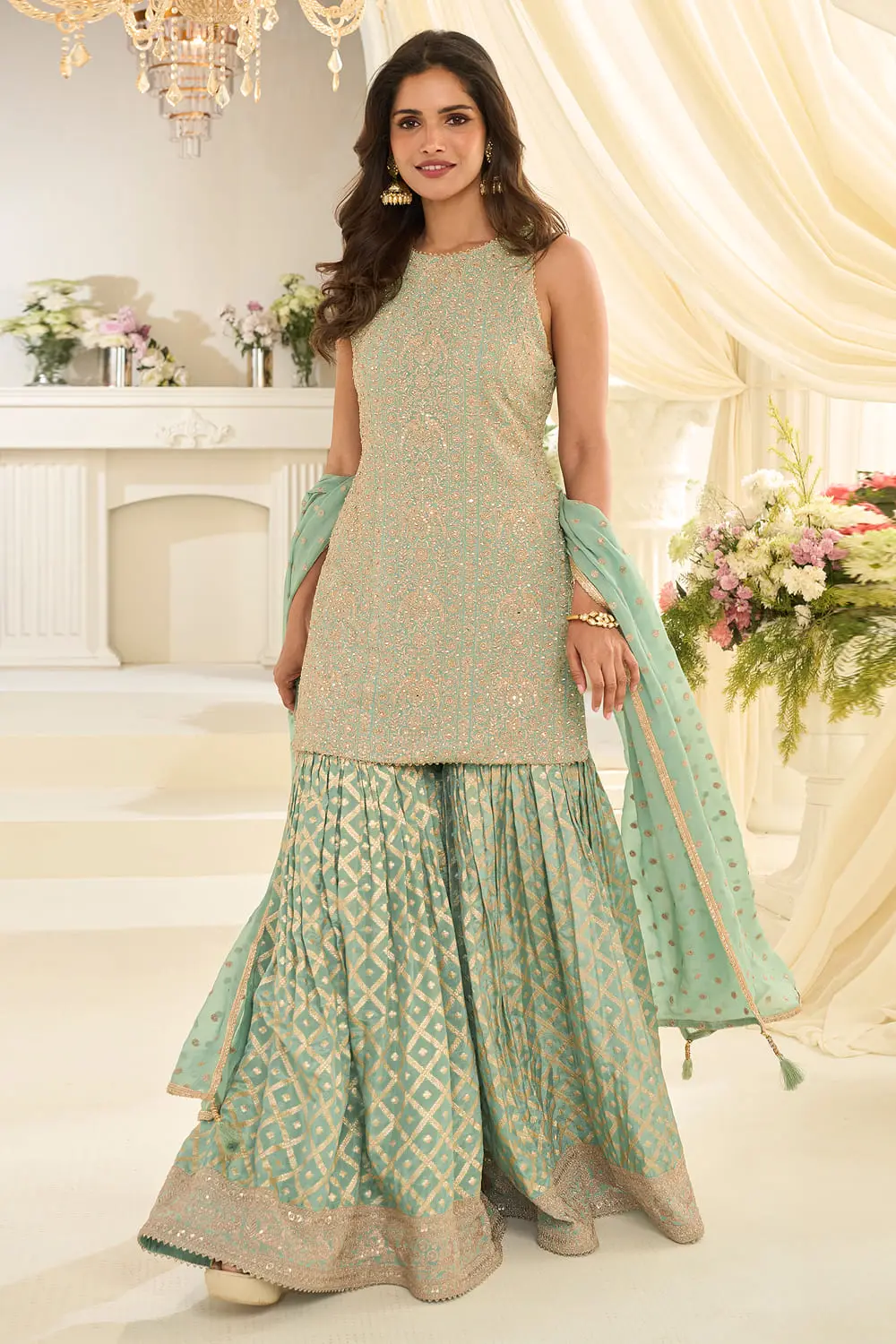 Dusty green gharara set for wedding in premium georgette by Khaish