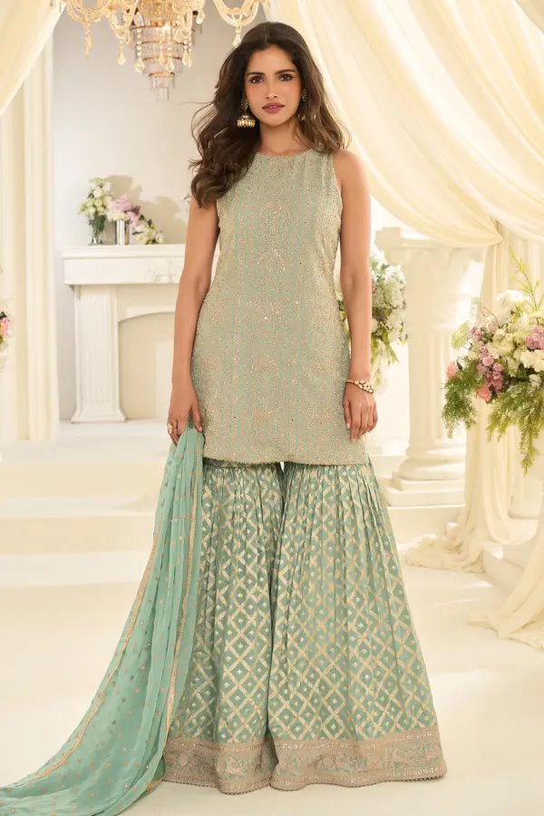 Dusty green gharara set for wedding in premium georgette by Khaish