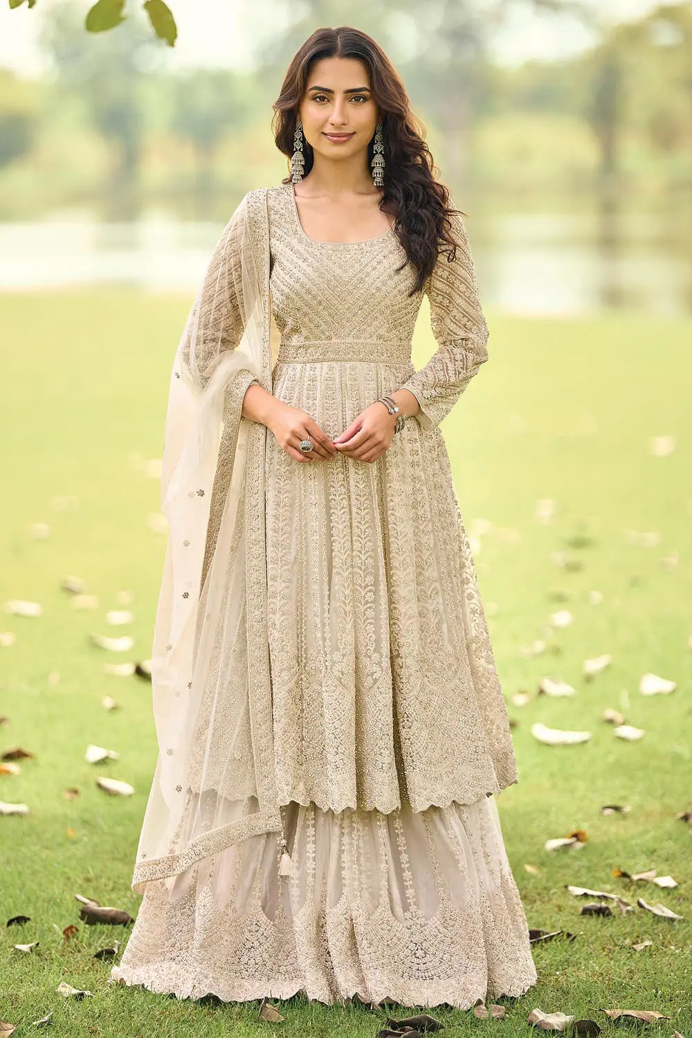 Beige Real Premium Net Kurta Palazzo Set — Front and Back Beads Embroidery with Diamond Work and Net Dupatta Beige Real Premium Net Kurta Palazzo Set — Front and Back Beads Embroidery with Diamond Work and Net Dupatta