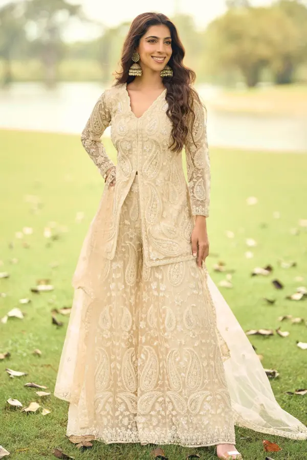 Light gold net palazzo set for wedding with beads embroidery and diamond work by Khaish