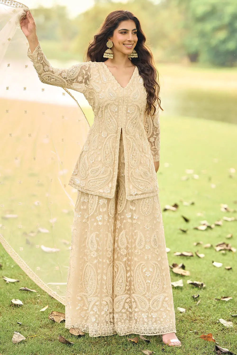 Second front view of light gold premium net palazzo set, full length beads embroidery visible