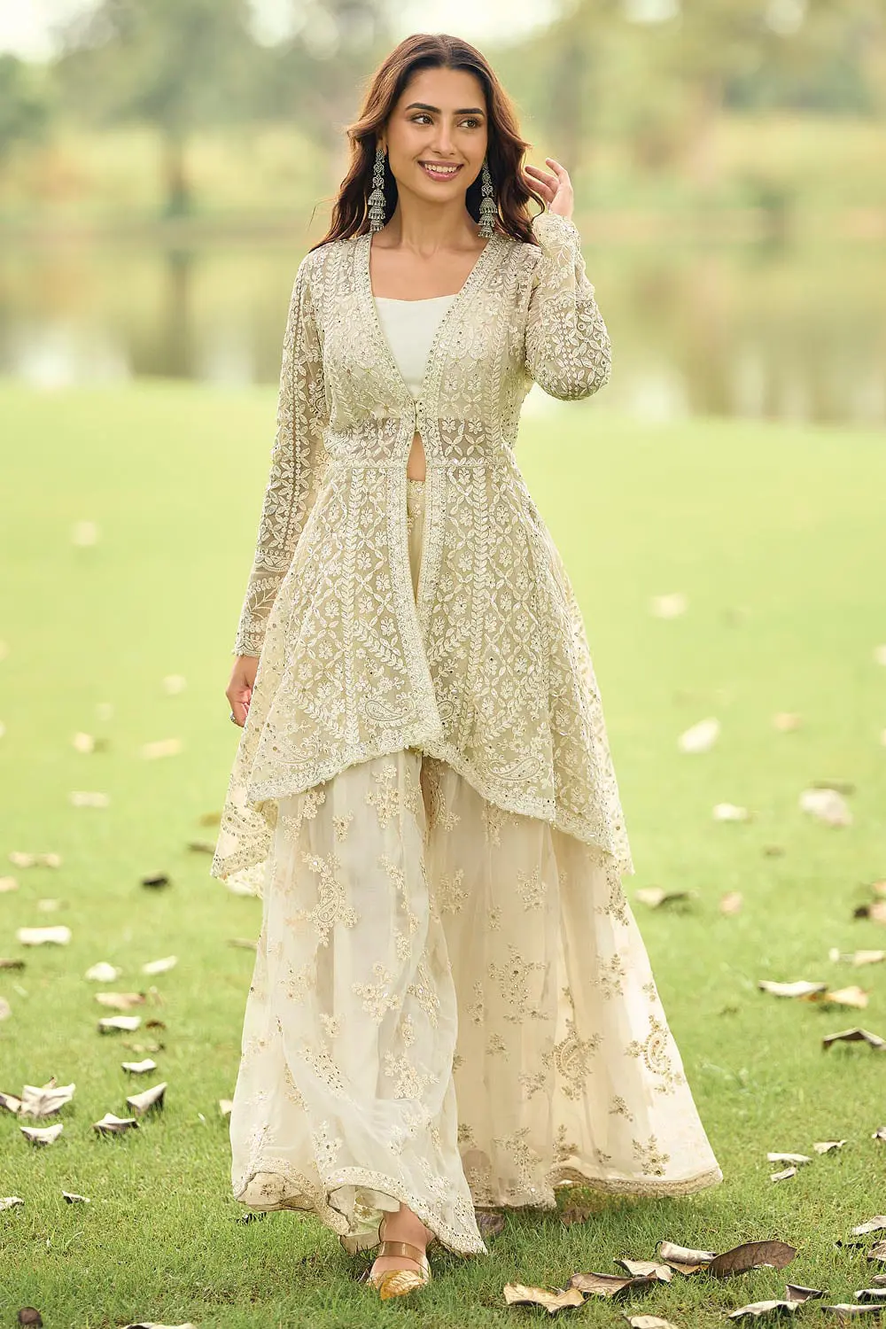 Ivory Real Premium Net Kurta Palazzo Set for Reception — Beads Embroidery, Diamond Touch-Up, Net Dupatta Ivory Real Premium Net Kurta Palazzo Set for Reception — Beads Embroidery, Diamond Touch-Up, Net Dupatta