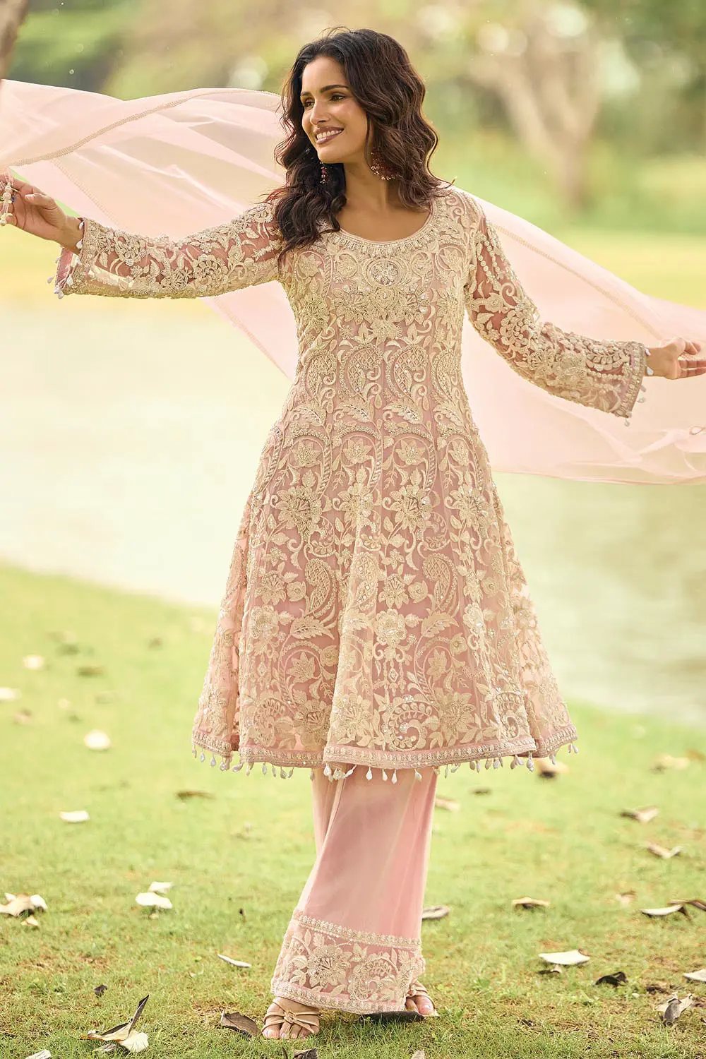 Second front view of dusty pink premium net palazzo set, full length bead embroidery visible