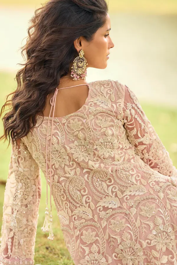 Close up of back beads embroidery on dusty pink premium net kurta showing full back coverage